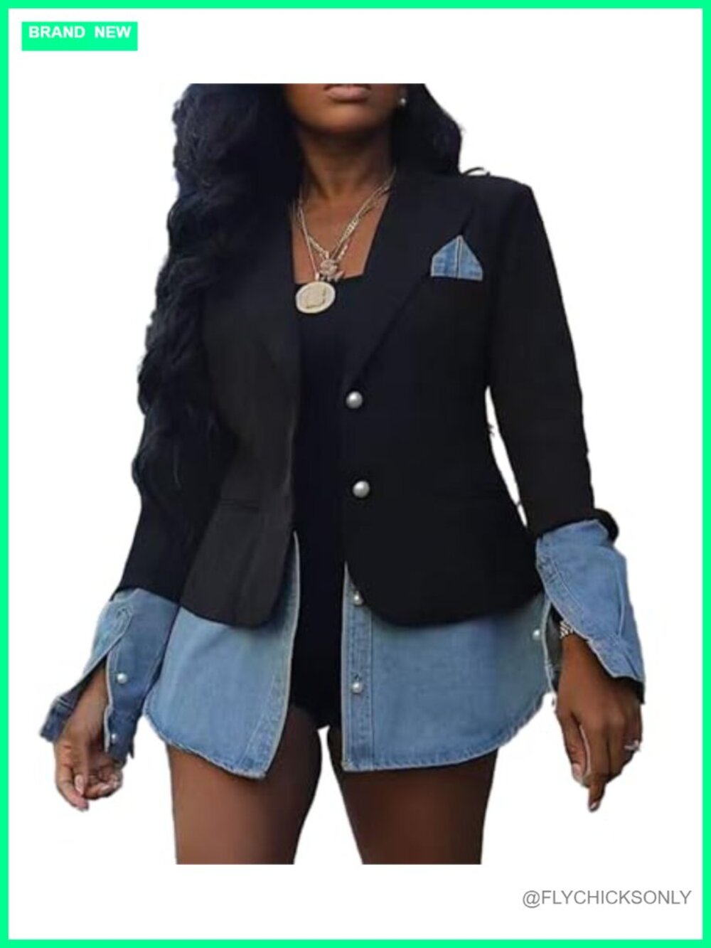 Women's Denim Blazer Jacket Long Sleeve Notched Lapel Trendy Coat